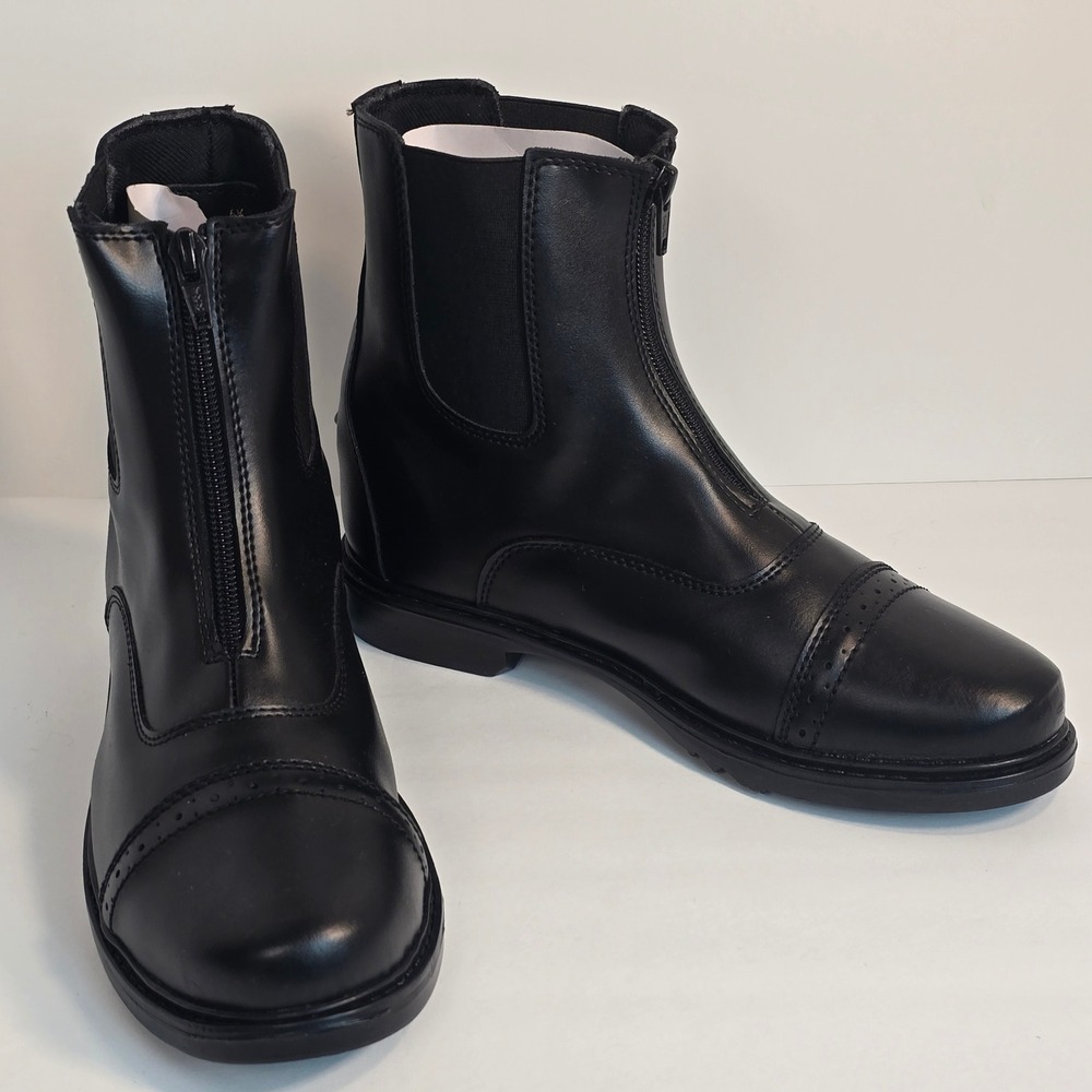 Black Leather Front Zip TUFF Rider Paddock Boots with Punched Toe Cap Detail